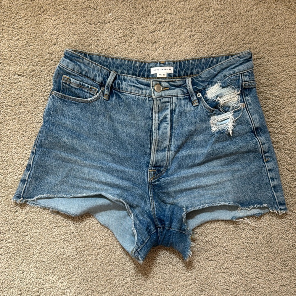 Good American The Bombshell High Waist Raw Hem Cutoff Denim Shorts 10 INDIGO095